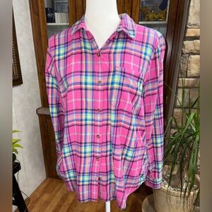 SO SIZE LARGE PINK LONG SLEEVE MULTICOLORED PLAID COZY SHIRT WITH POCKET